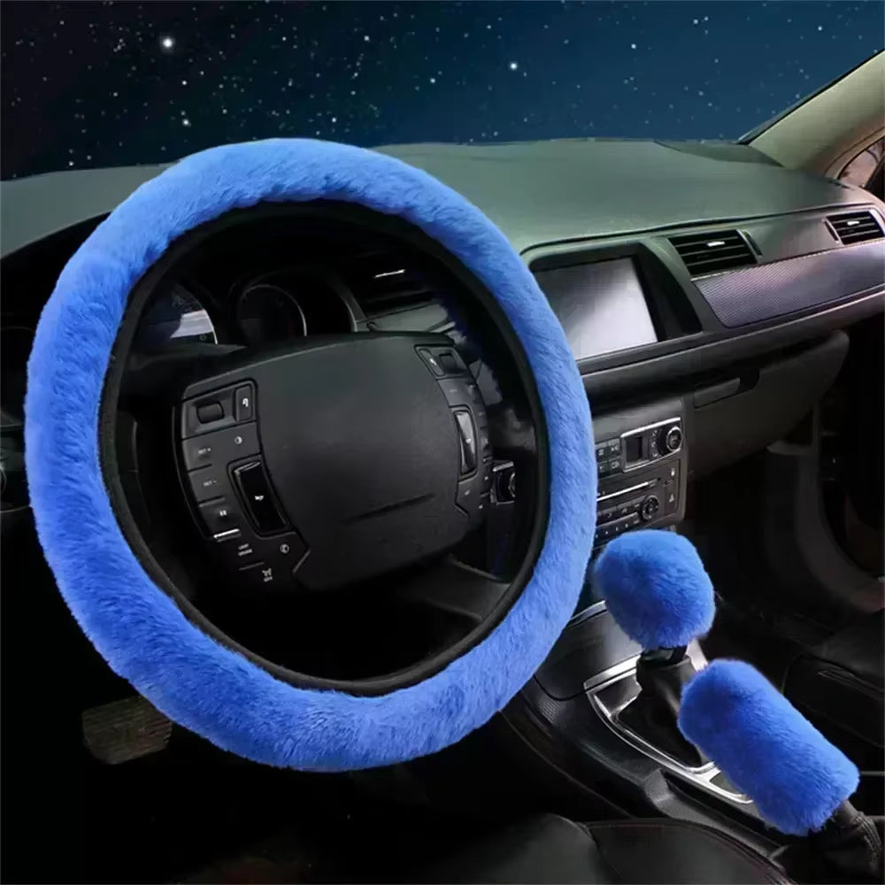 3Pcs/Set Warm Faux Wool Steering Wheel Set