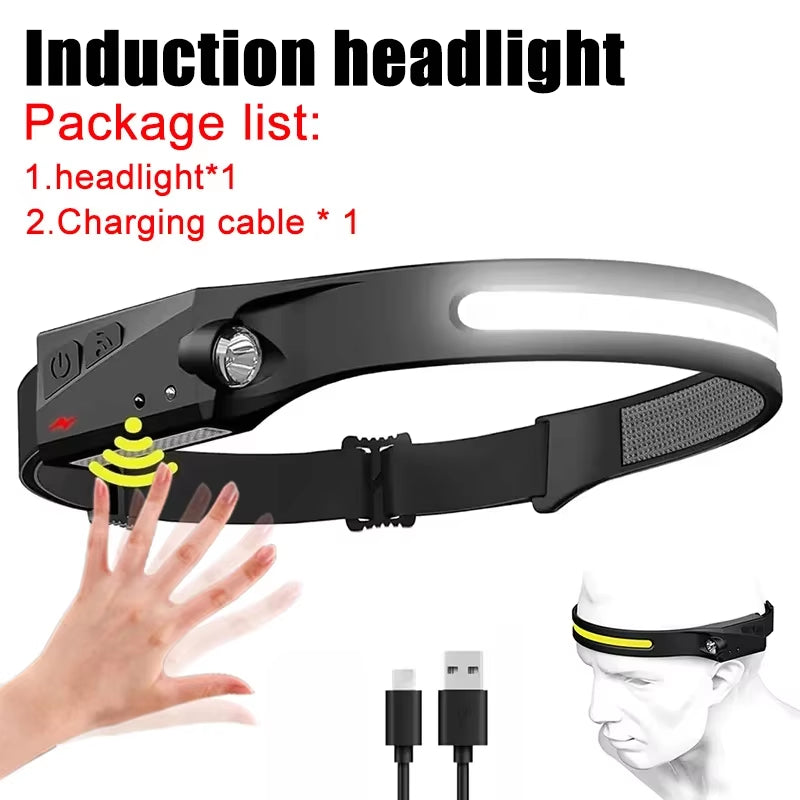 COB LED Headlamp Sensor Headlight with Built-In Battery Flashlight USB Rechargeable Head Lamp Torch 5 Lighting Modes Work Light