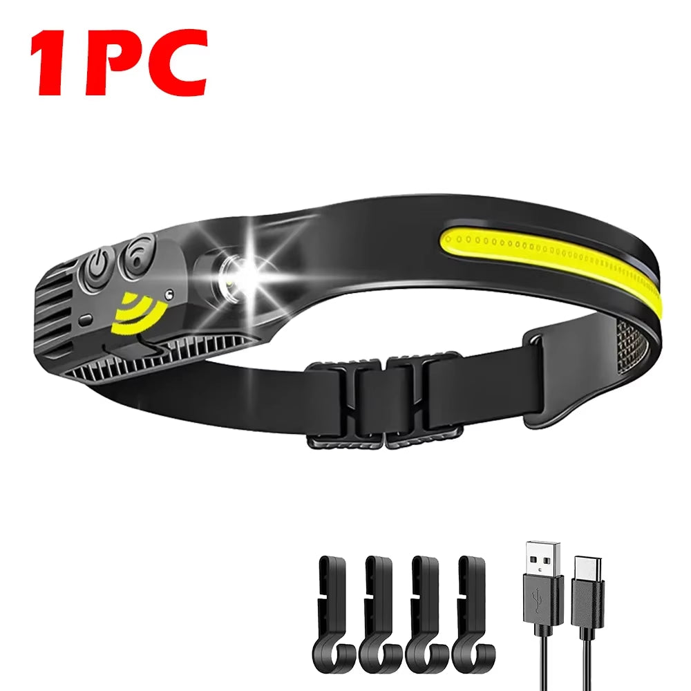 COB LED Headlamp Sensor Headlight with Built-In Battery Flashlight USB Rechargeable Head Lamp Torch 5 Lighting Modes Work Light