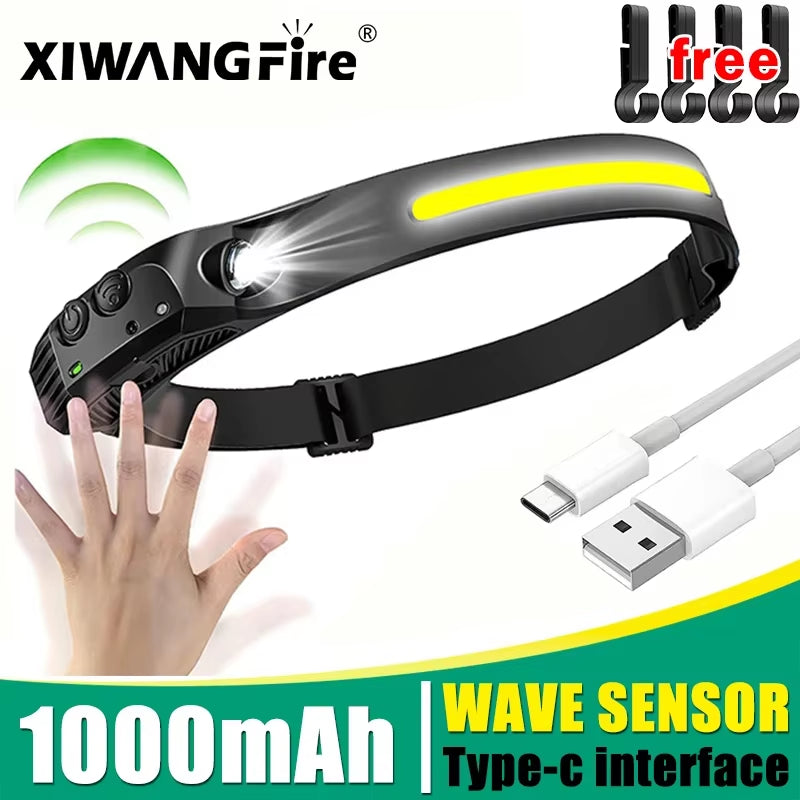 COB LED Headlamp Sensor Headlight with Built-In Battery Flashlight USB Rechargeable Head Lamp Torch 5 Lighting Modes Work Light