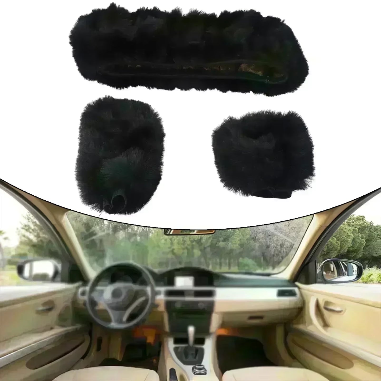 3Pcs/Set Warm Faux Wool Steering Wheel Set