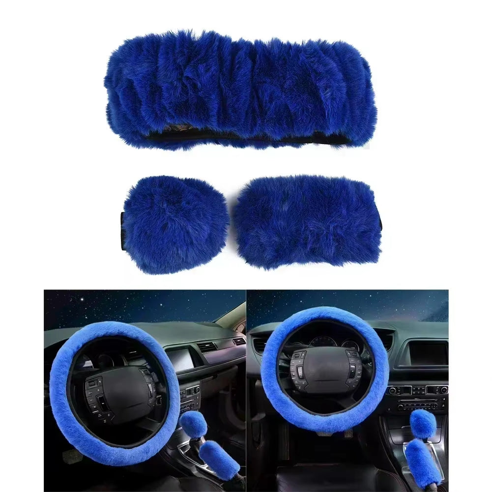 3Pcs/Set Warm Faux Wool Steering Wheel Set