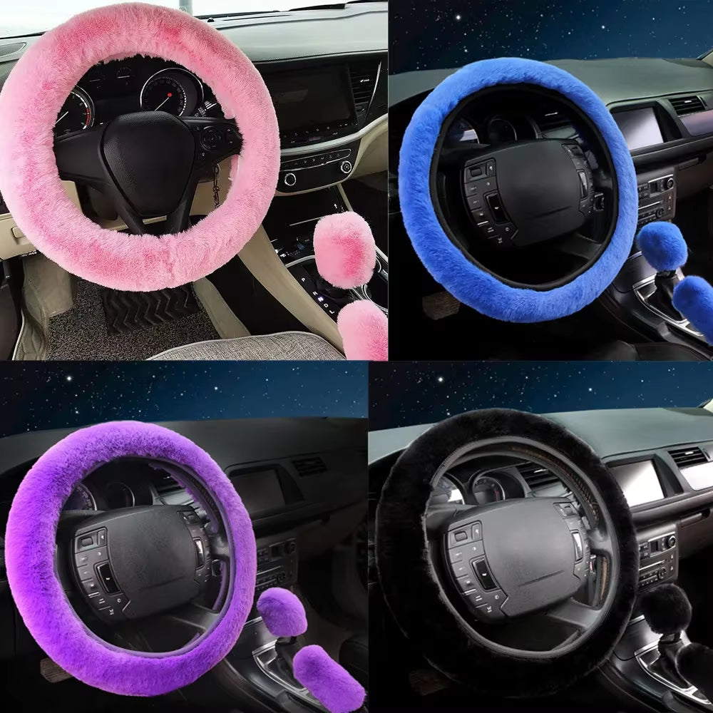 3Pcs/Set Warm Faux Wool Steering Wheel Set