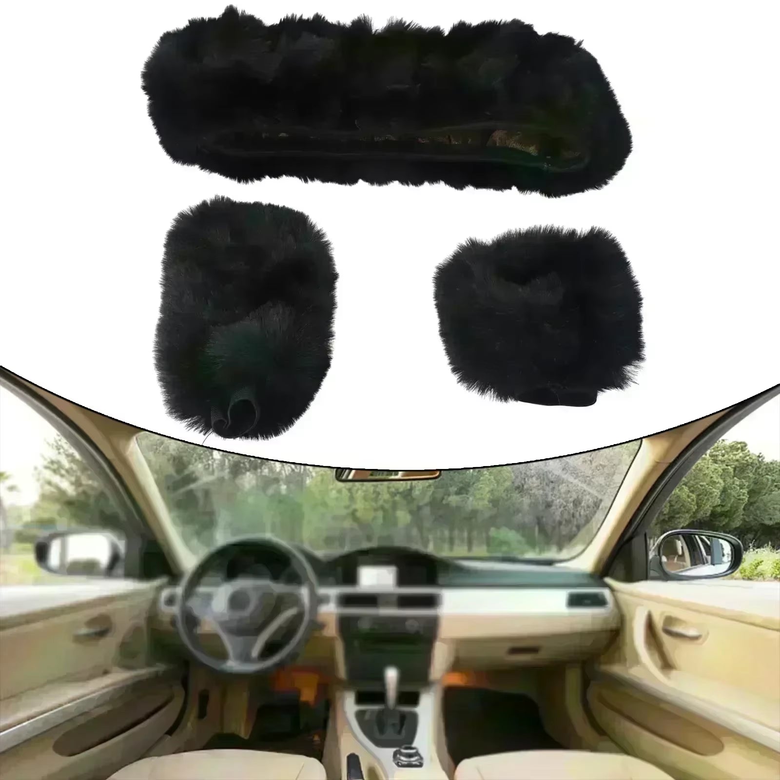 3Pcs/Set Warm Faux Wool Steering Wheel Set