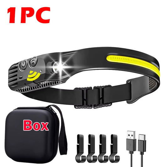COB LED Headlamp Sensor Headlight with Built-In Battery Flashlight USB Rechargeable Head Lamp Torch 5 Lighting Modes Work Light